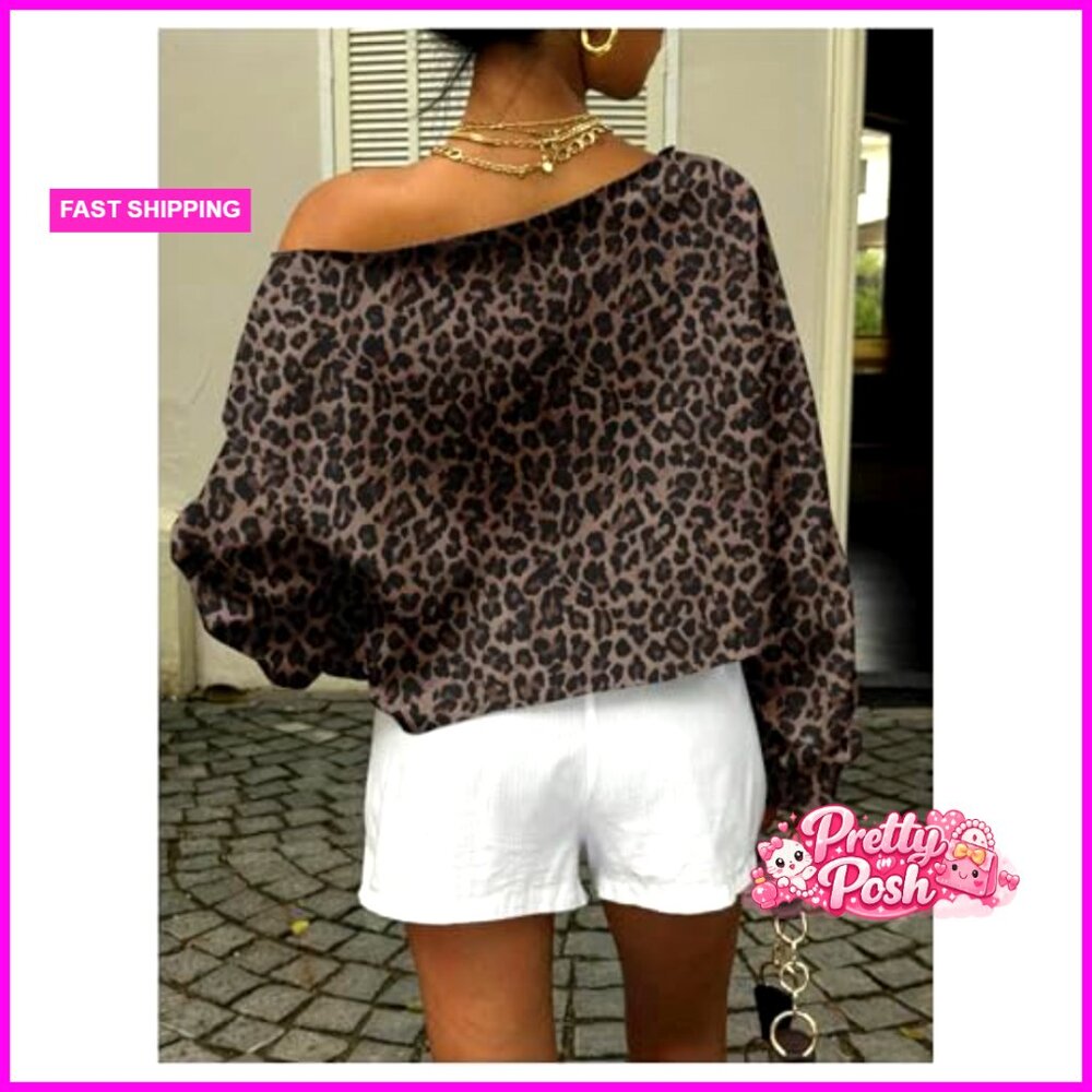 Off Shoulder Cropped Sweatshirt Pullover Cheetah … - image 2